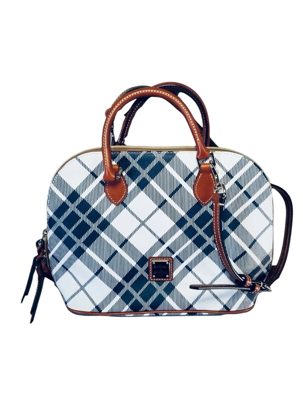 Dooney & Bourke Harding Plaid Dome Zip Satchel Navy Cream Leather Bag NWOT